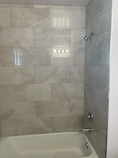 a bathroom with a shower and a bath tub