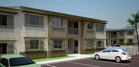 an image of an apartment building with cars parked in front