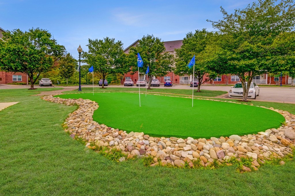 a circle of grass with flags on top of it