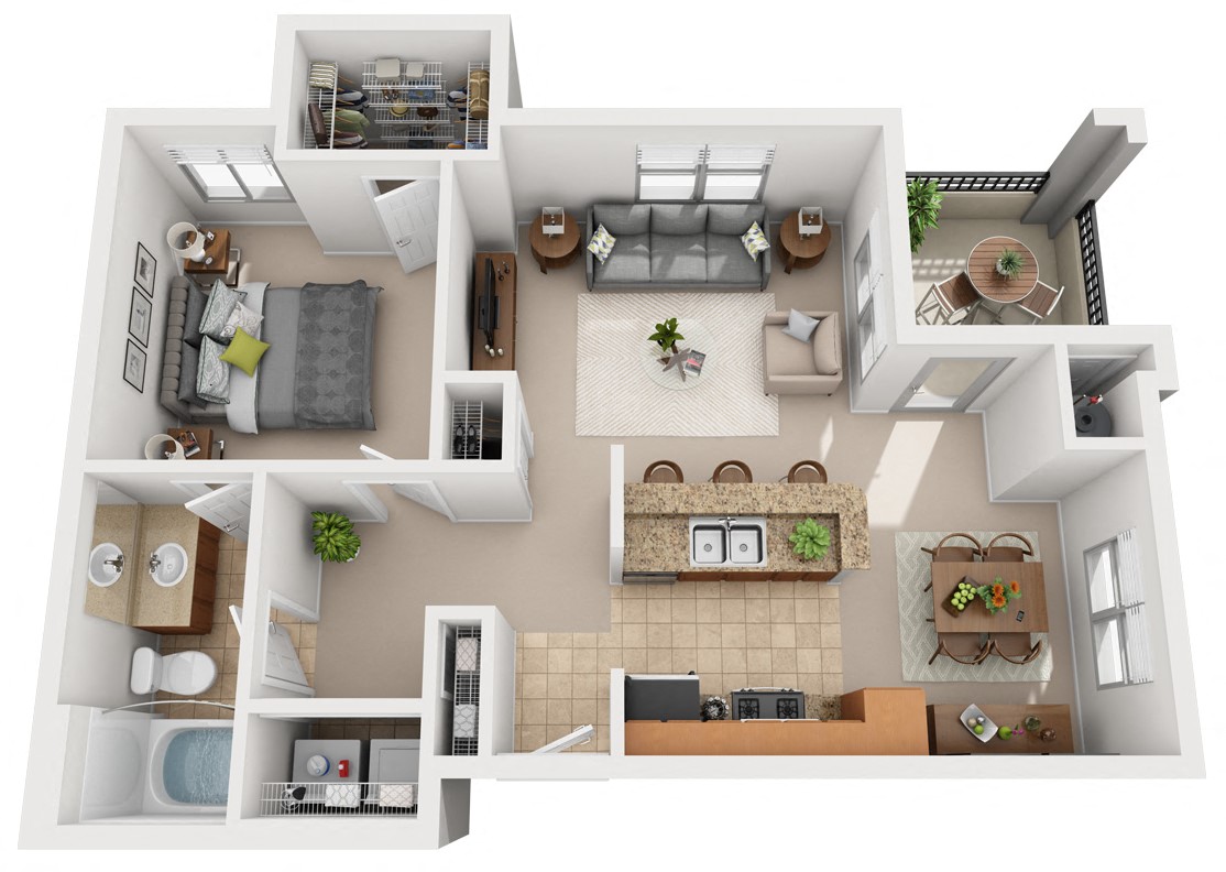 Flamingo floor plan 3D 1 bed - 1 bath 767 sq. ft.