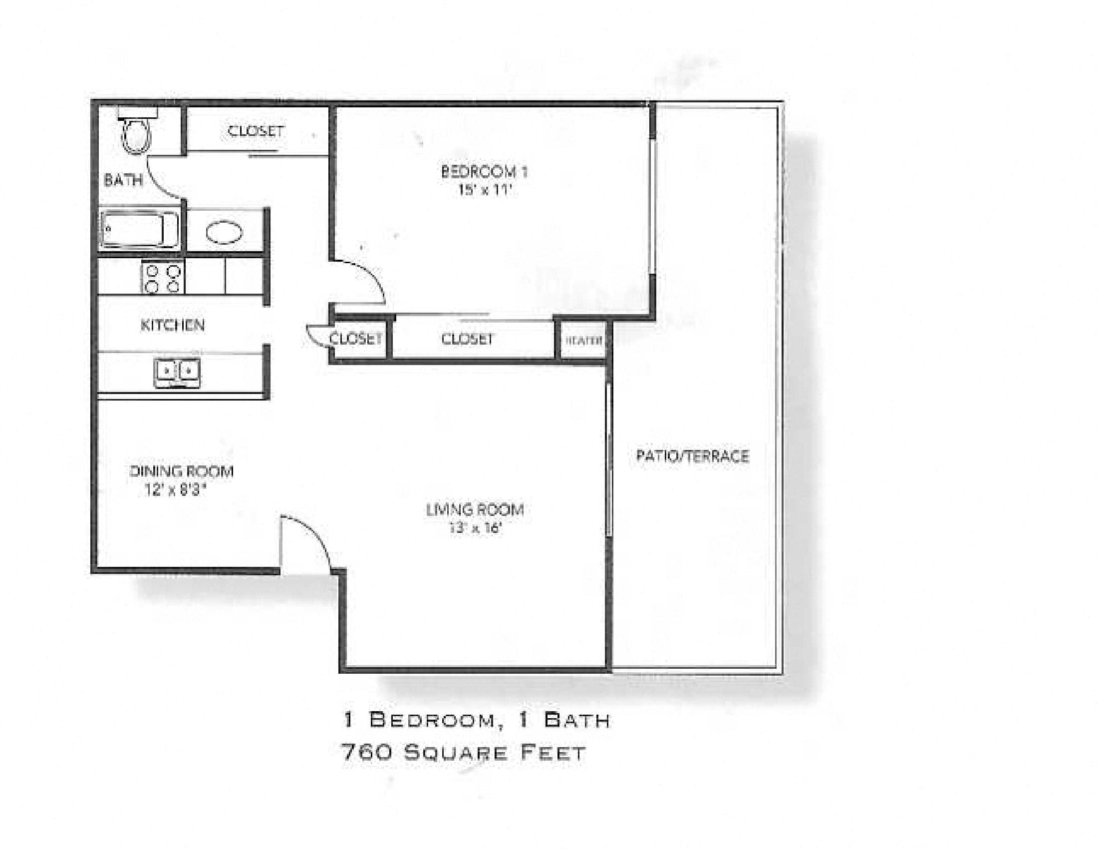 1 Bedroom floor plan for Sylvan Square Apartments