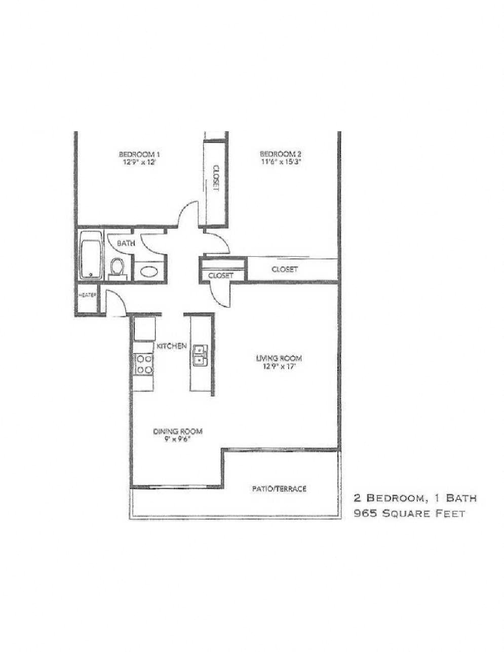 2 Bedroom floor plan for Sylvan Square Apartments