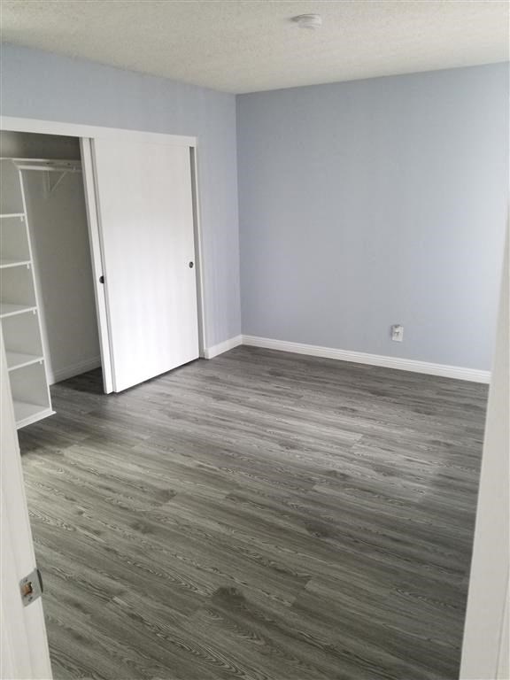 an empty room with a closet and a door