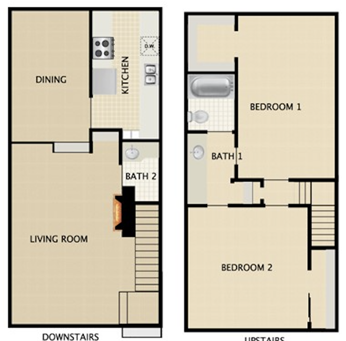 2 BEDROOMS 1.5 BATHS