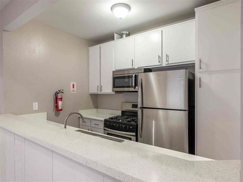 a kitchen with stainless steel appliances and a counter top