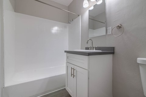 a bathroom with a sink and a bath tub