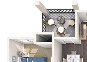 Evergreen Lenox Park - C1 - 3 bedroom and 2 bath - 3D Floor Plan Evergreen Lenox Park - C1 - 3 bedroom and 2 bath - 3D Floor Plan