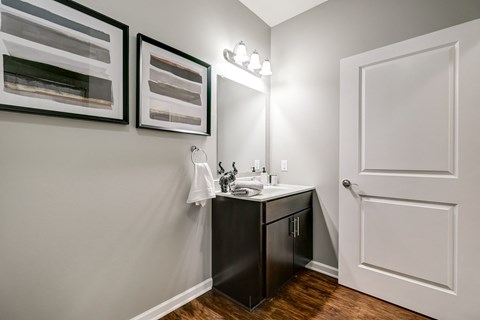 a bathroom with a sink and a mirror and a door