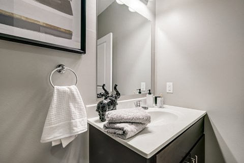 a bathroom with a sink and a mirror and a towel