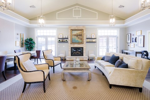 a living room with couches and chairs and a fireplace