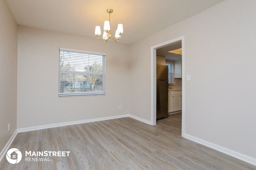 the spacious living room and dining room of an apartment