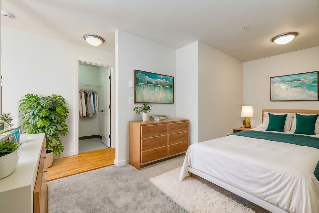 a bedroom with a bed and a dresser and a closet