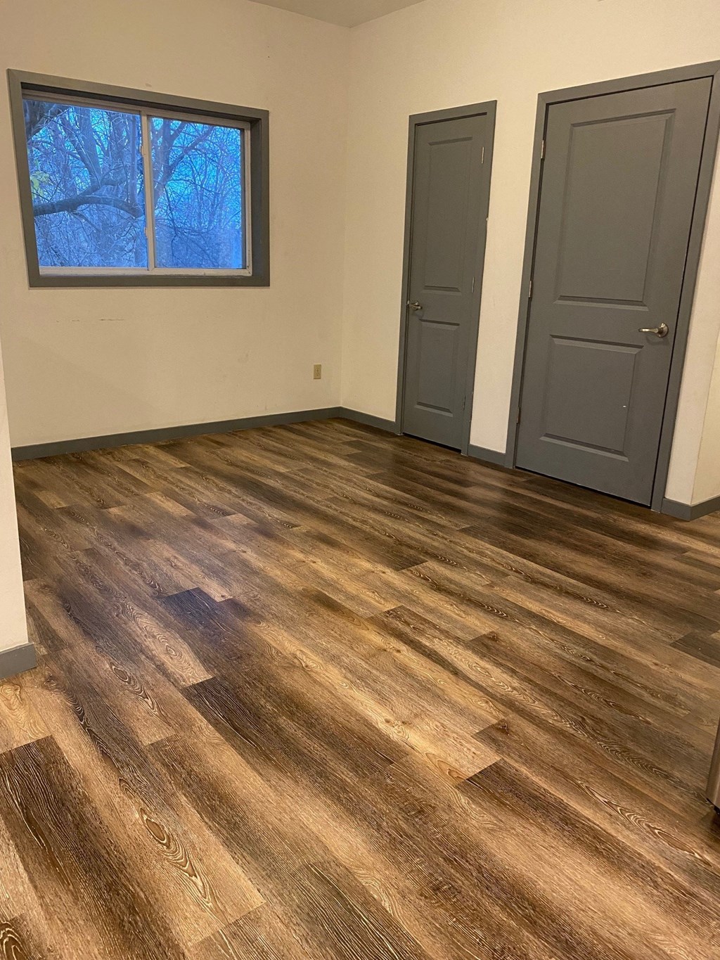 a living room with a wooden floor and a window and two doors