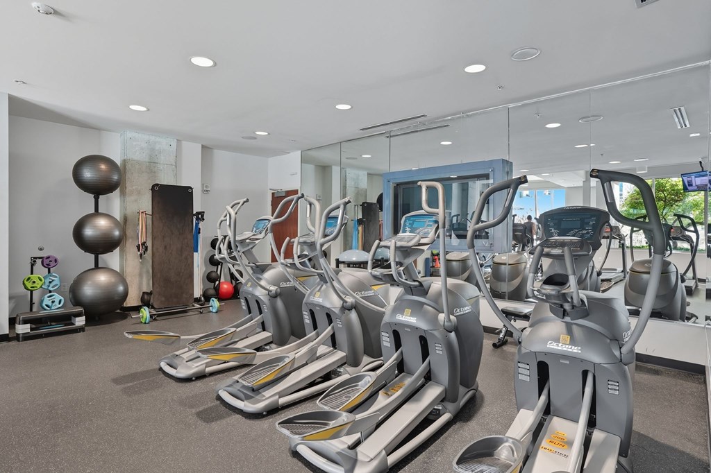 A gym with treadmills and exercise balls.