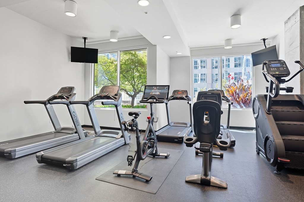 A gym with treadmills, exercise bikes, and elliptical machines.