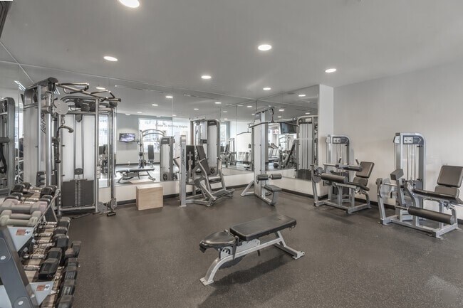 A spacious gym with a variety of equipment including treadmills, weights, and benches.
