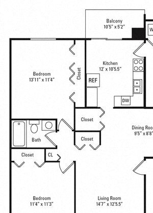 2 Bed 1 Bath 900 square feet floor plan