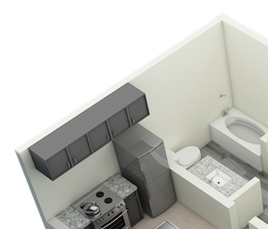 3D-Studio_510 Studio Bedroom One Bath Apartment 510 sq ft with model furnishings