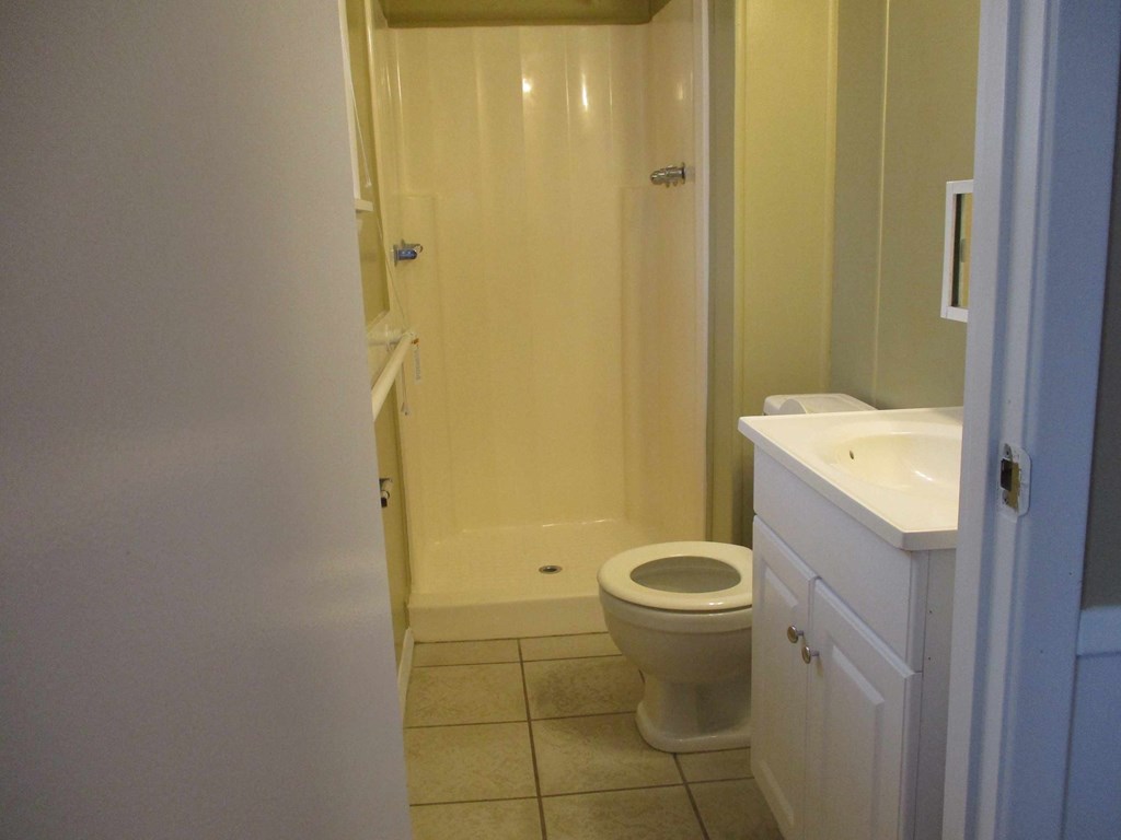 a bathroom with a toilet and a shower