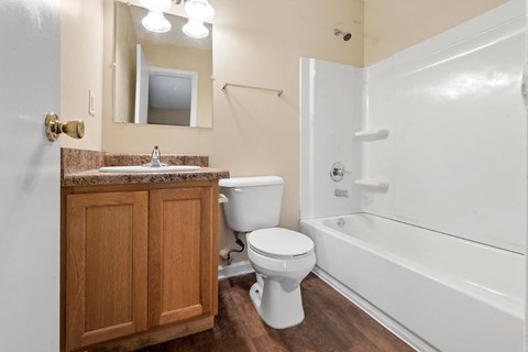 a bathroom with a toilet and a tub and a sink
