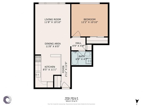 A floor plan of a small apartment with a living room, bedroom, dining area, kitchen, hall, and bath.