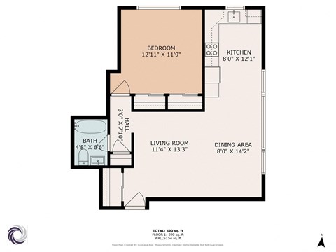 A floor plan of a home with a bedroom, bathroom, living room, kitchen, and dining area.