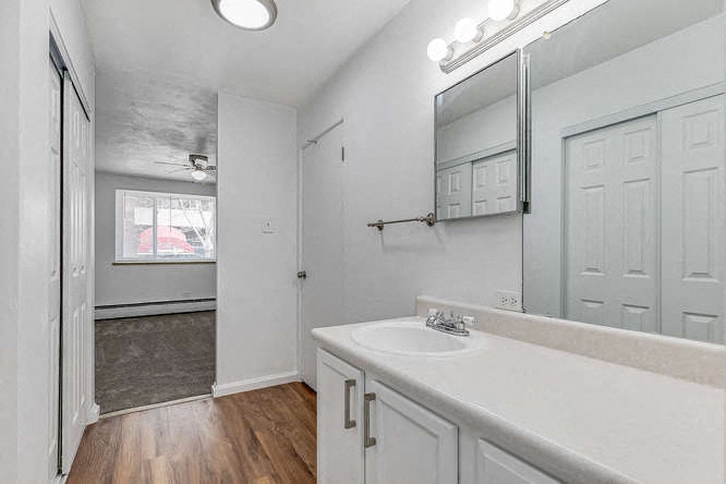 A bathroom with a white sink and a mirror above it.