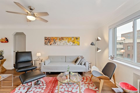 A living room with a grey couch, a black chair, a glass table and a red and white rug.