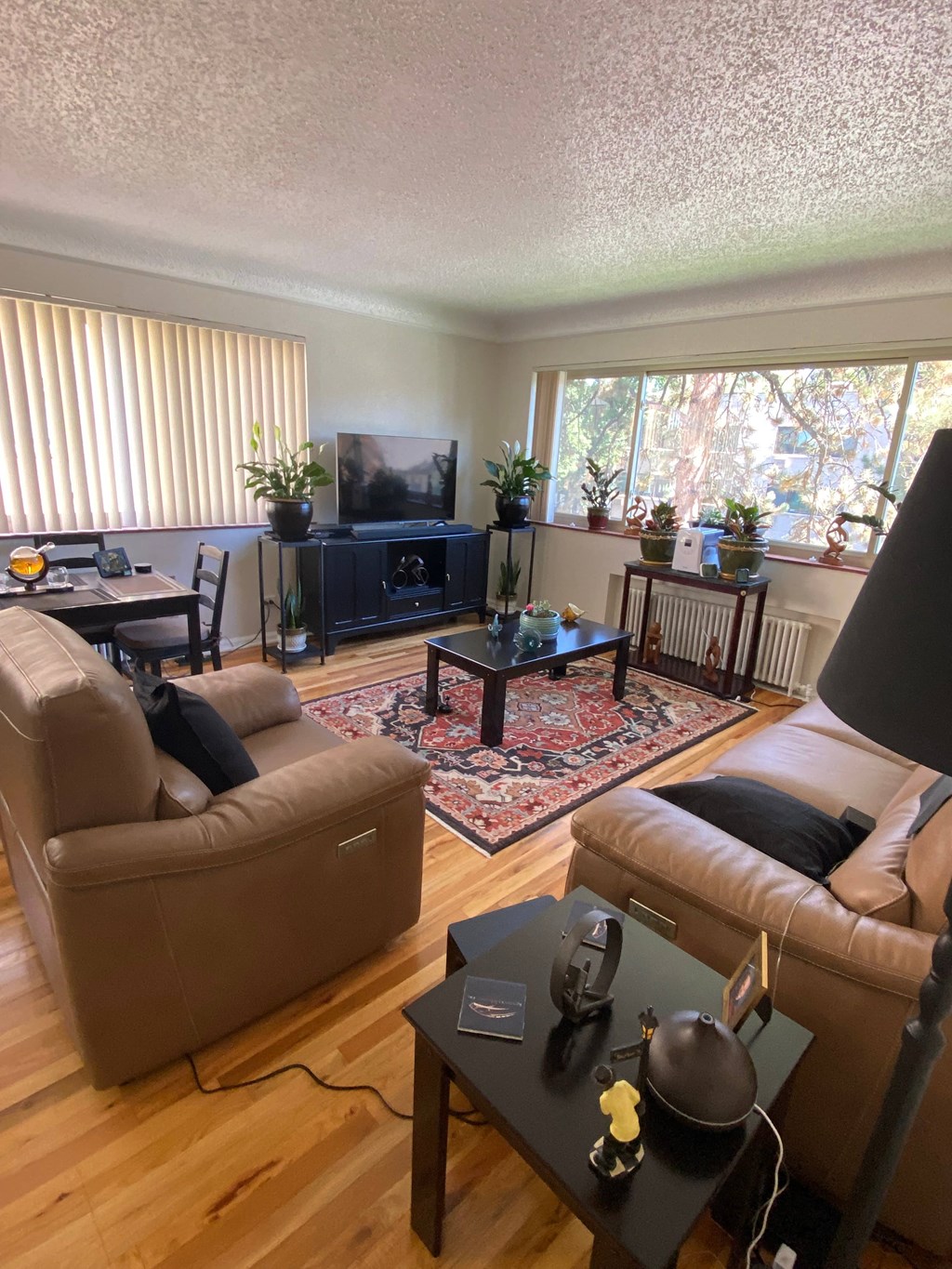a living room with couches and a table and a television