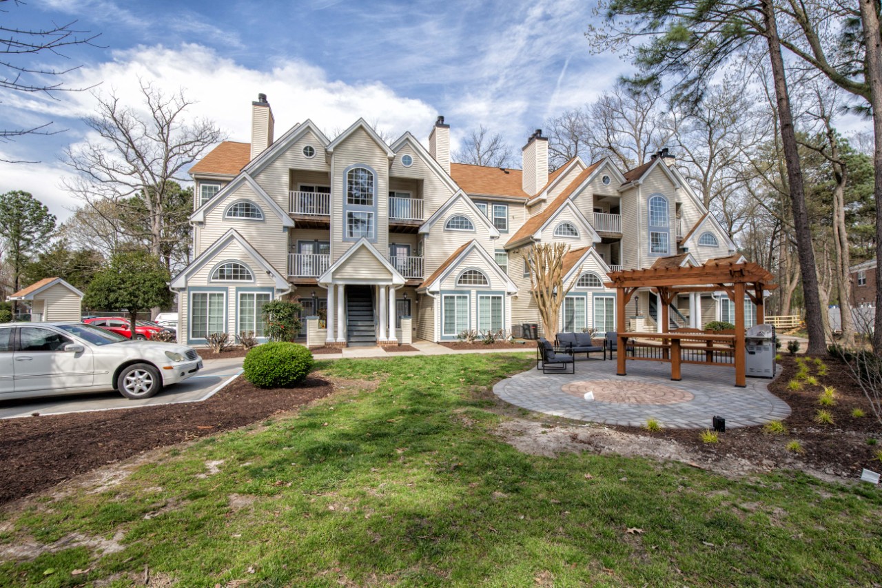 Exterior view from patio at Villages at City Center apartments in Newport News VA
