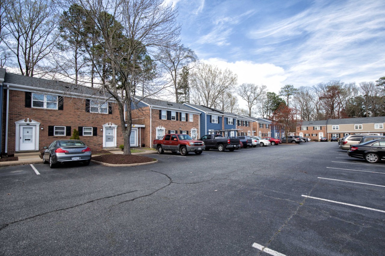 Exterior View from parking lot at Villages at City Center apartments in Newport News VA