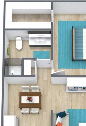 Three dimensional rendering of a one bedroom apartment at Bennett Pointe Apartments in Edmond, Oklahoma