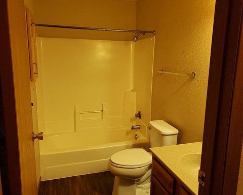 a bathroom with a toilet and a tub and a sink