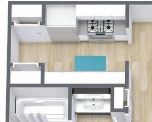 Three dimensional rendering of a two bedroom, one bathroom apartment home in Oklahoma City