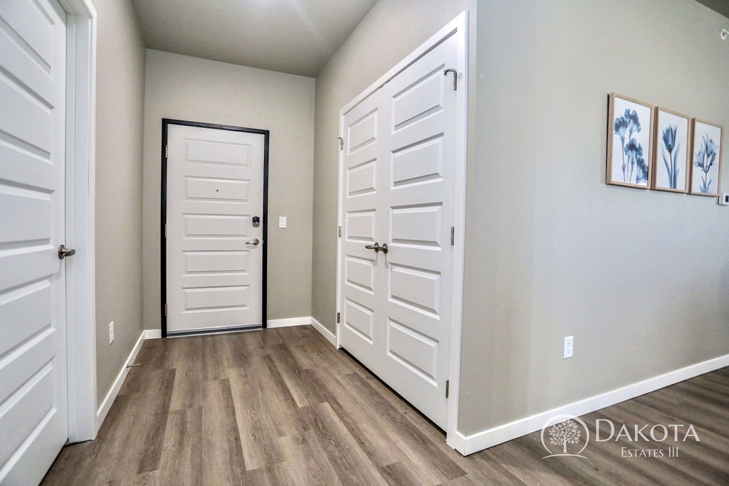 a hallway with white doors and a door to a closet