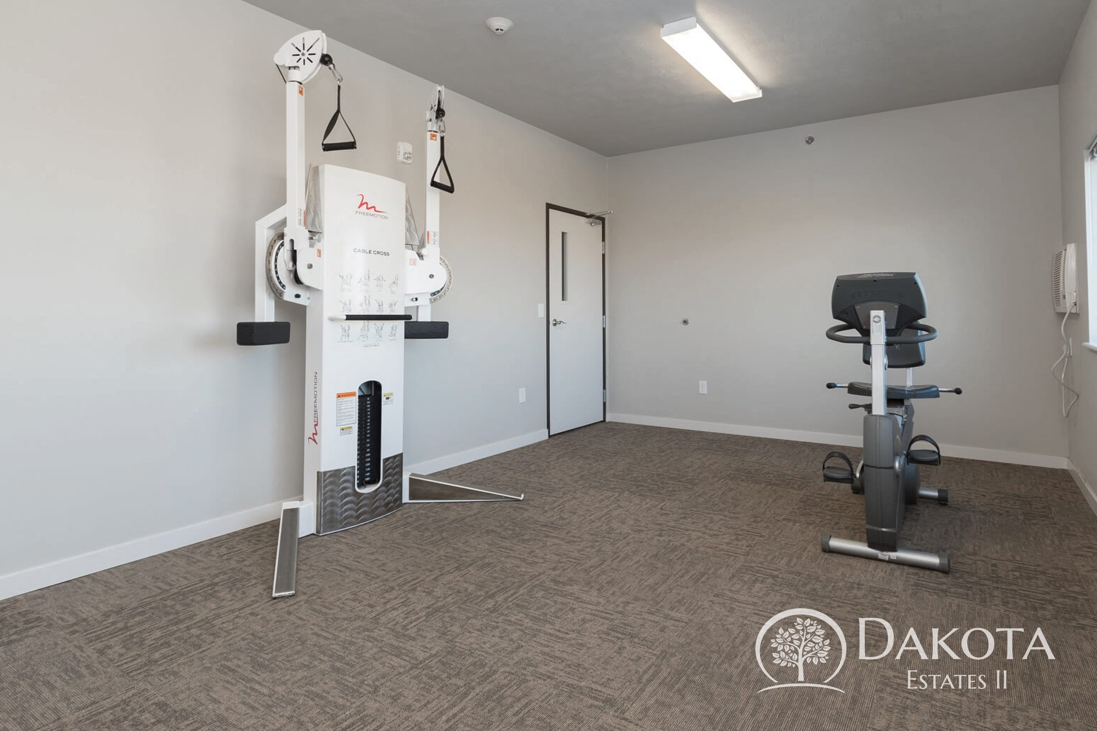 A room with a gym set up, including a weight machine and a stationary bike.