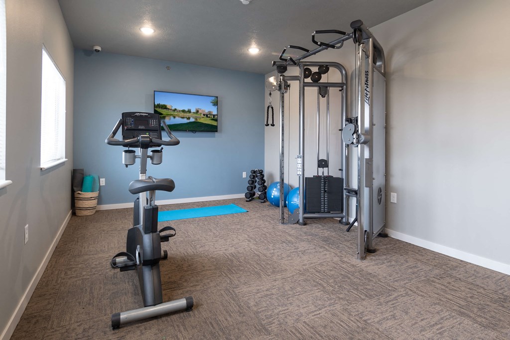 a home gym with exercise equipment and a tv