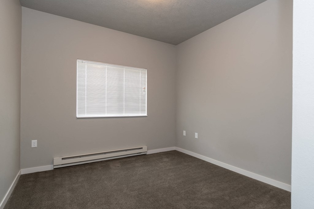 an empty living room with a window and carpet