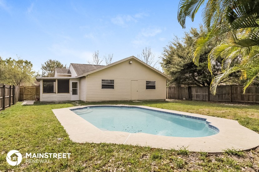 a backyard with a pool and a house