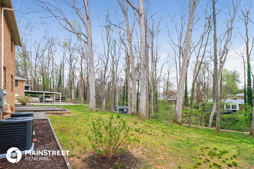a view of the backyard of a house with trees