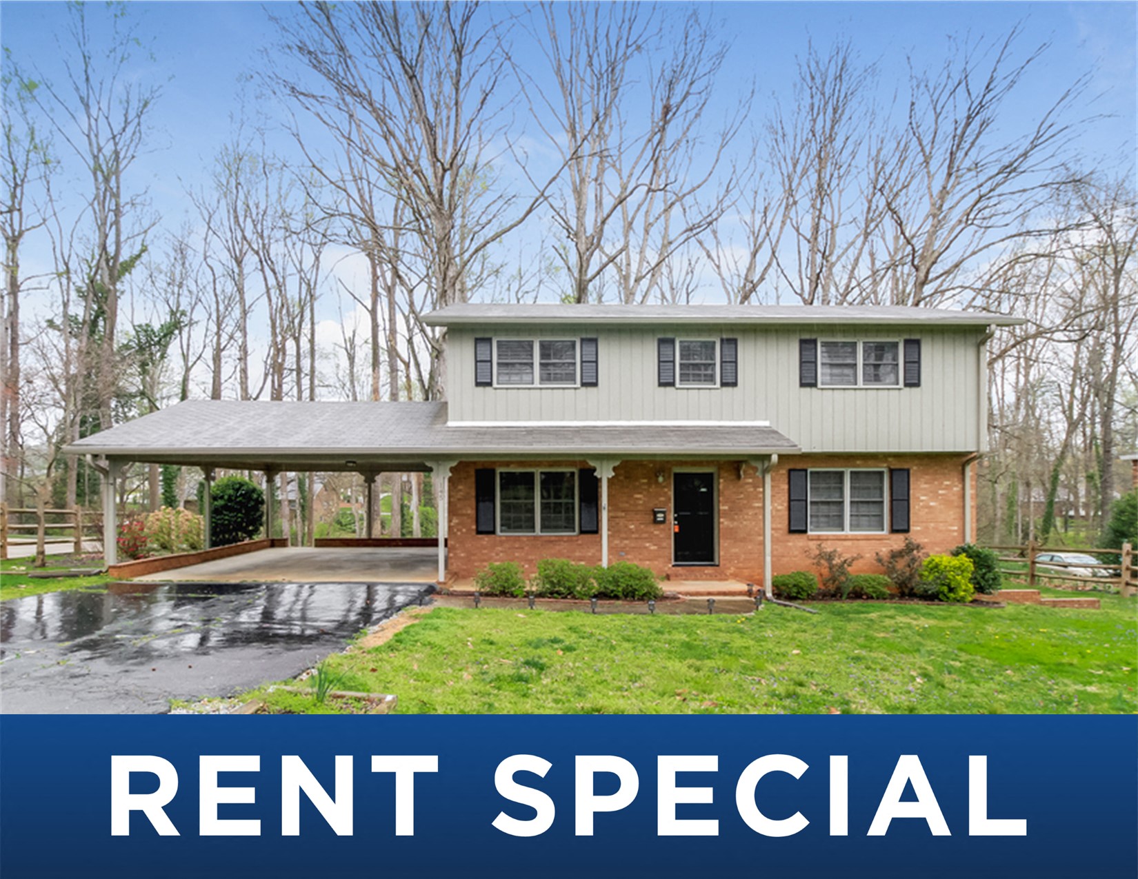 a home with a porch and a rent special