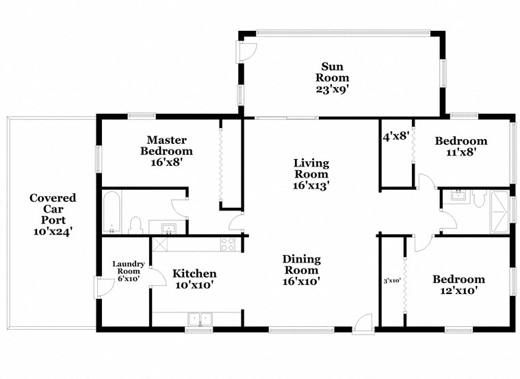 a floor plan of a house with bedrooms and baths and a covered car port