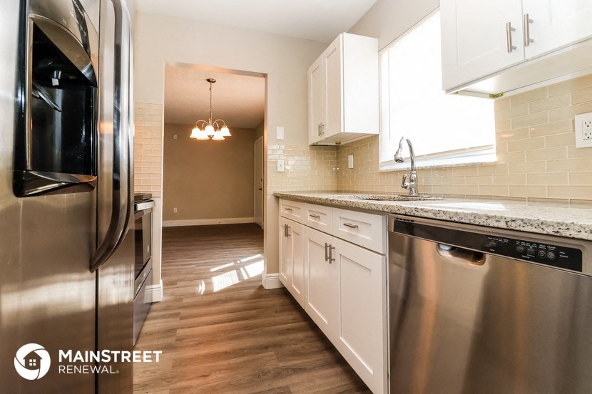 a kitchen with stainless steel appliances and white cabinets