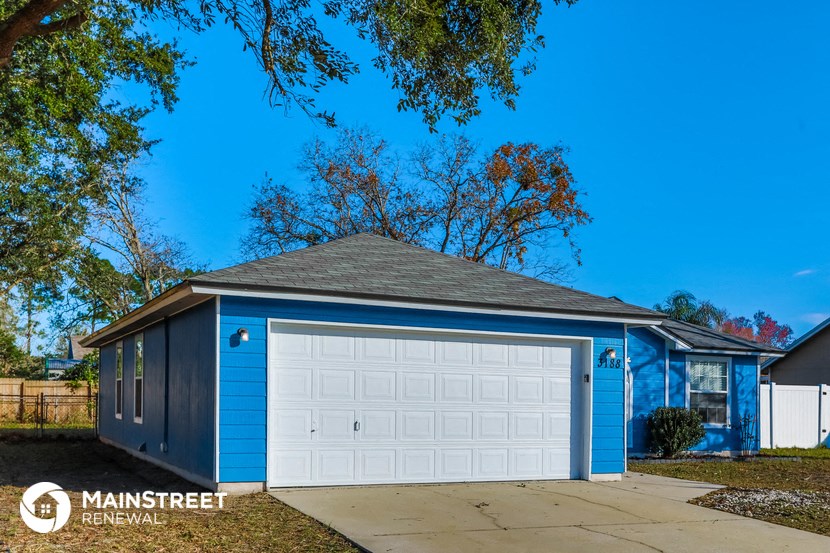 a blue garage with a white garage door