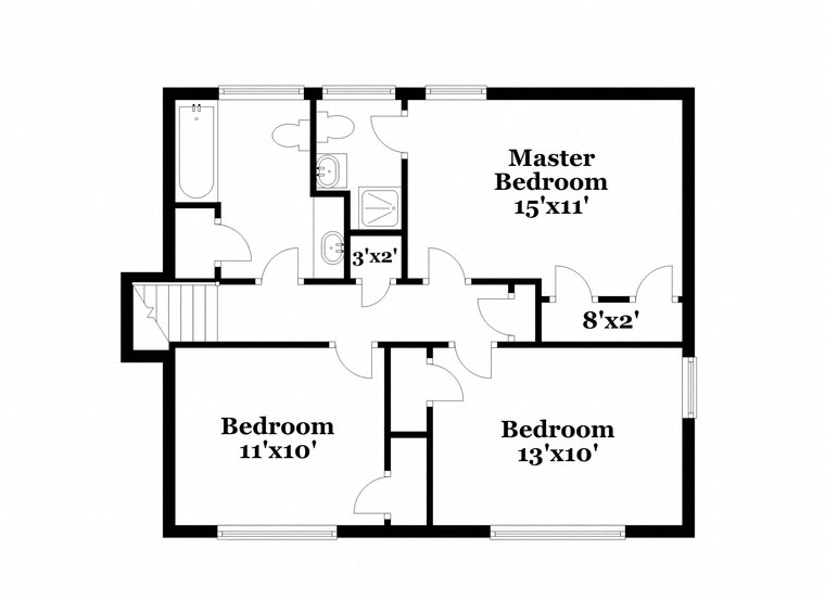 floor plan of the first level of the house with bedrooms and baths and a master