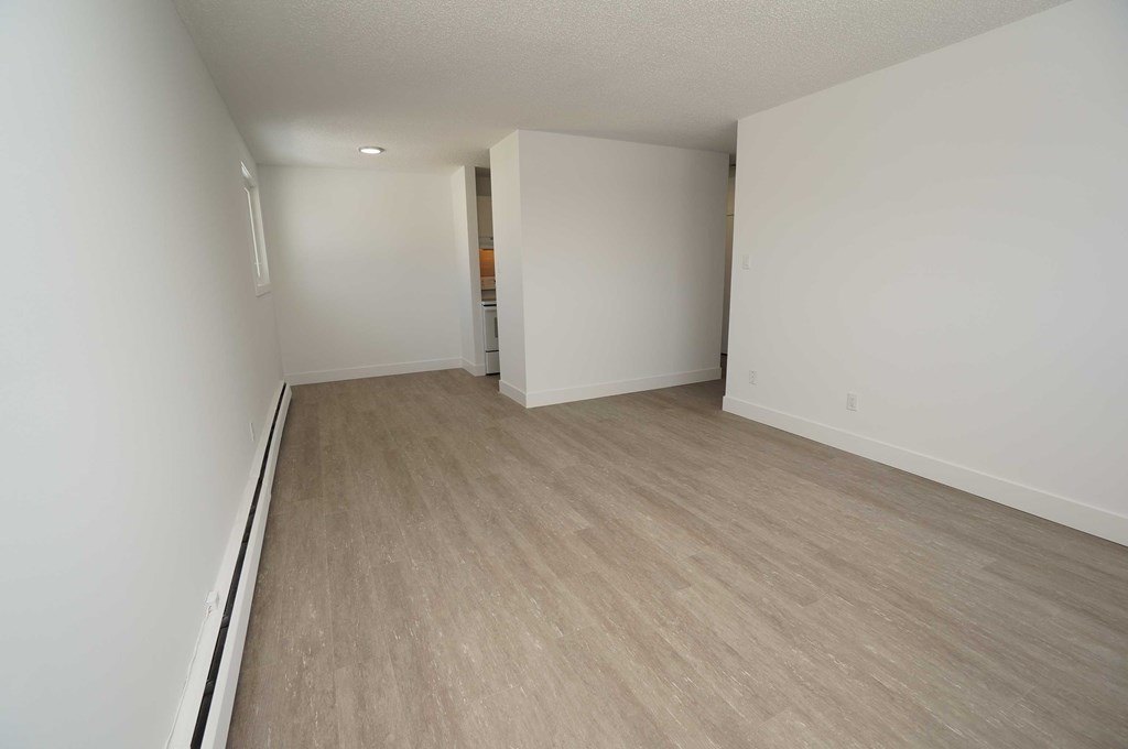 an empty room with white walls and wood floors