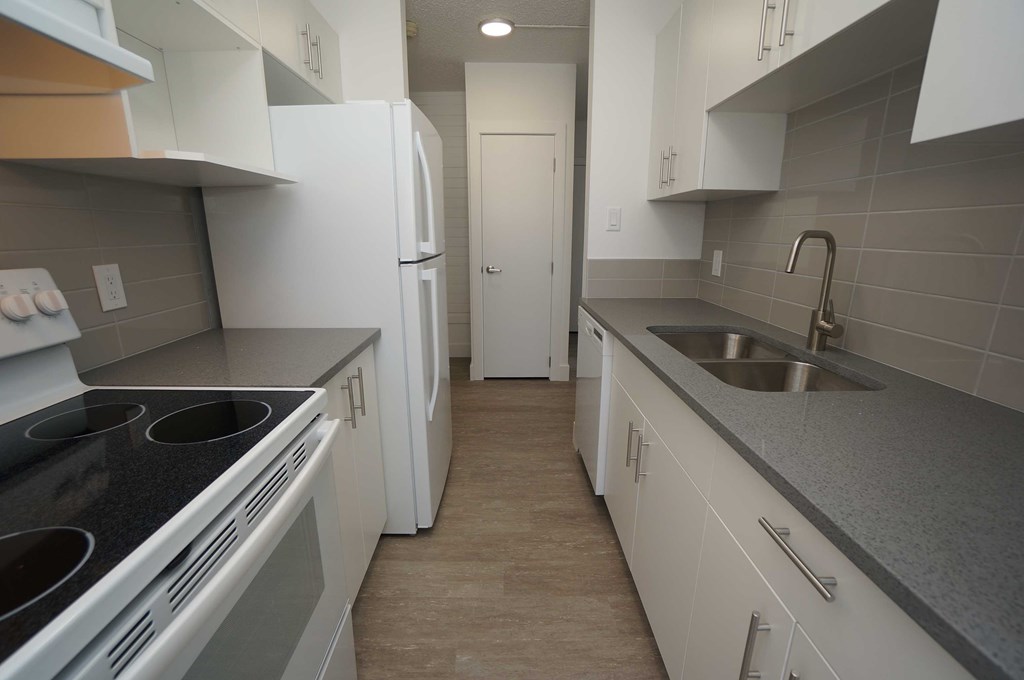 a kitchen with white cabinets and a sink
