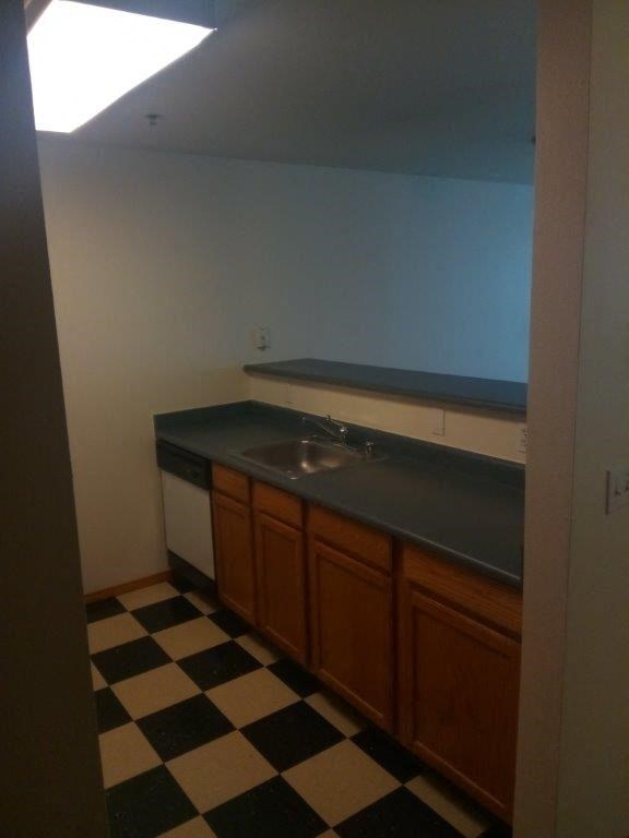 a bathroom with a sink and a checkered floor