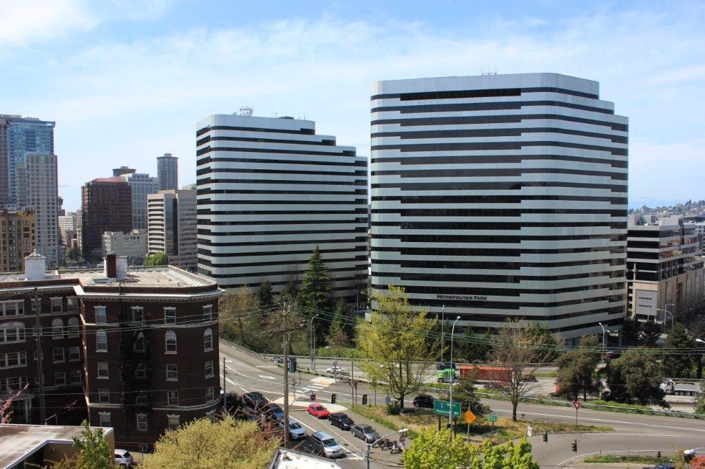 a view of the city from the roof of a building