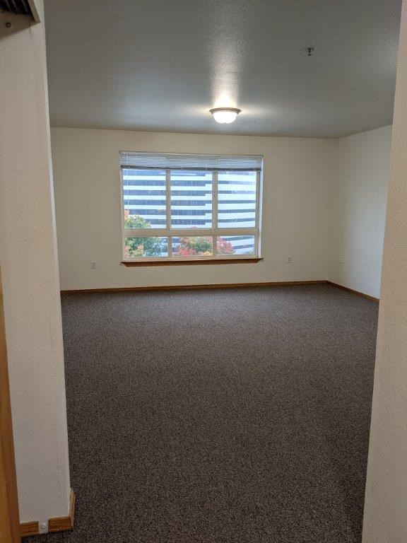 an empty room with a window and a carpet